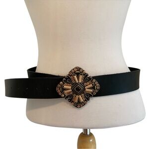 CL by Laundry belt black leather brown solid metal belt buckle incrusted Large